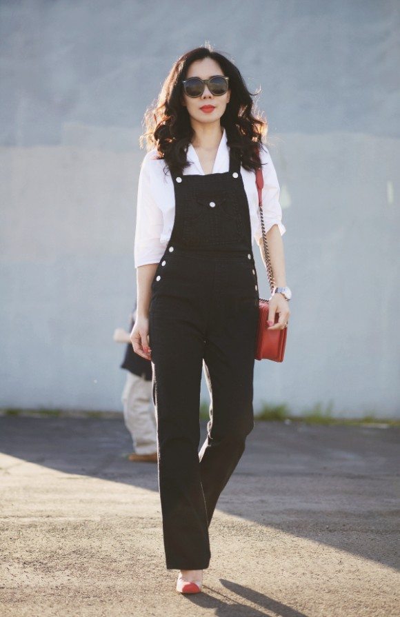 Denim Overalls and Red Accents – HallieDaily