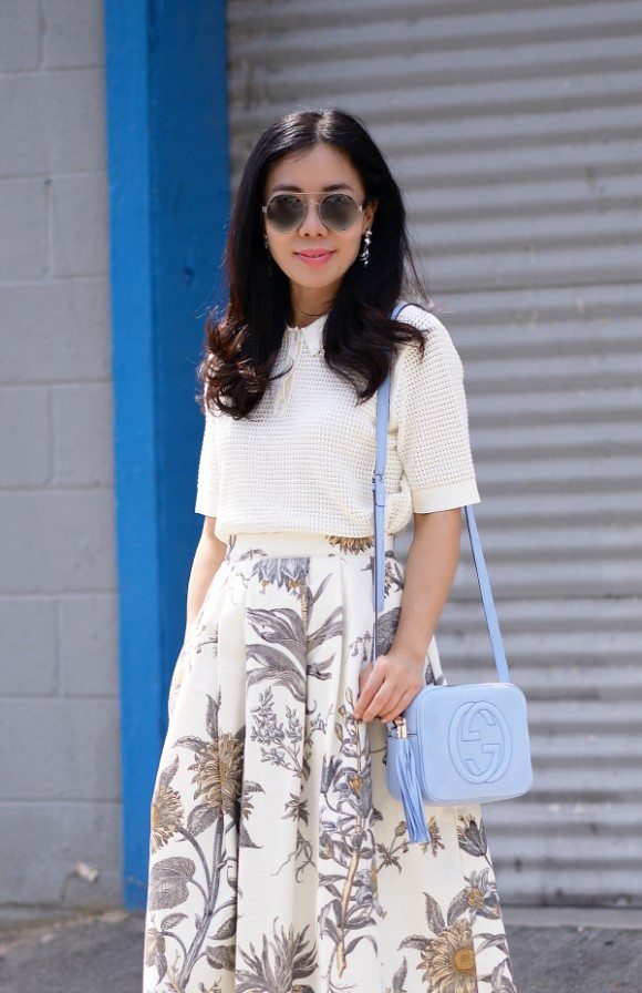 Polo Shirt and Floral Midi Skirt