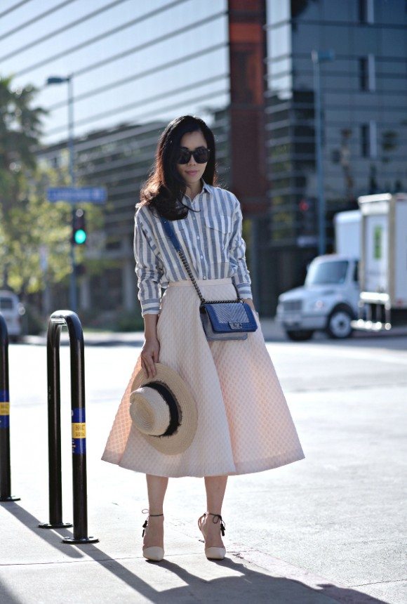 On the Street: Stripe Shirt and Full Midi Skirt