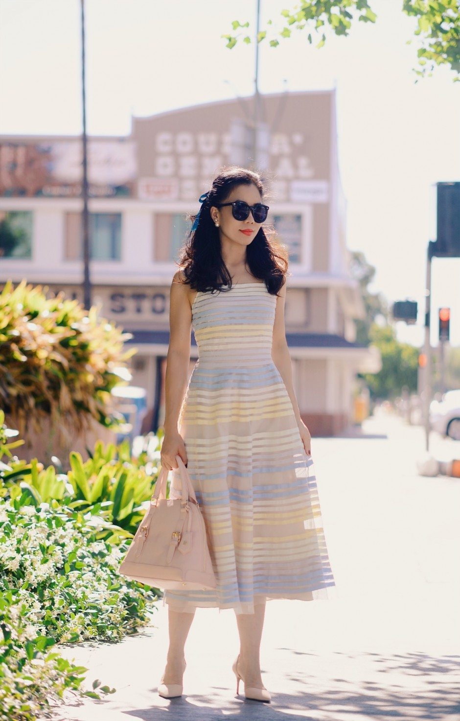 HallieDaily: Spring Pastel-J.Crew Sheos-French Connection Dress-Hair Bow