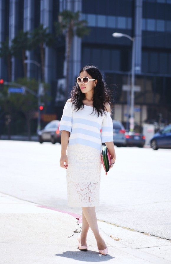Off-the-Shoulder Knit Top & Lace Pencil Skirt