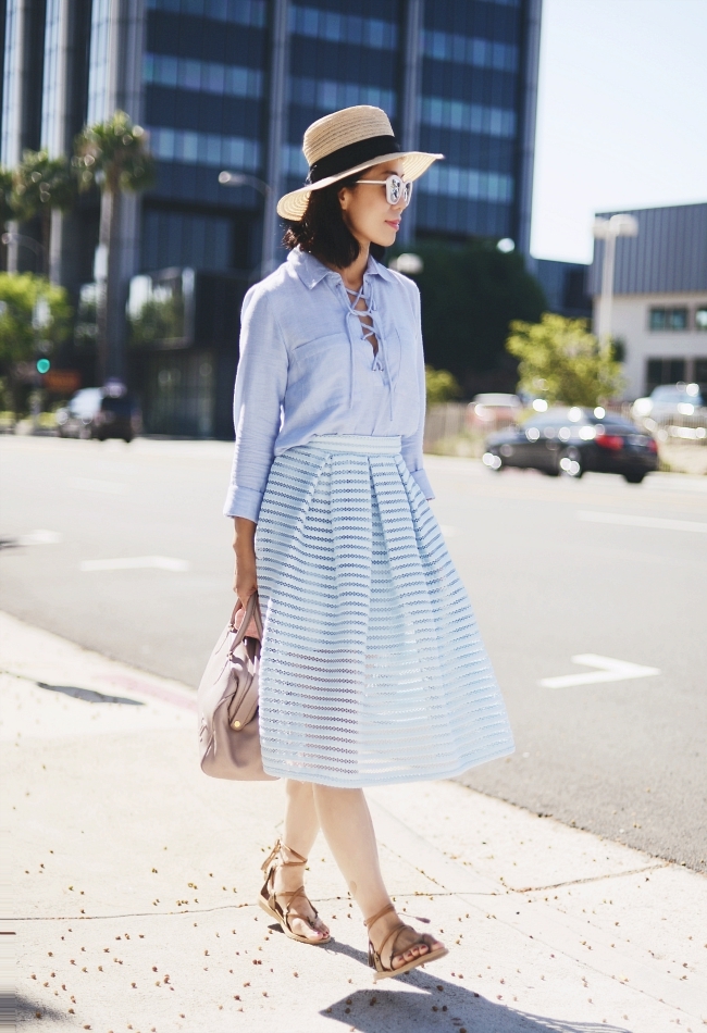 Blue Monday: Midi Skirt & Gladiator Sandals | HallieDaily