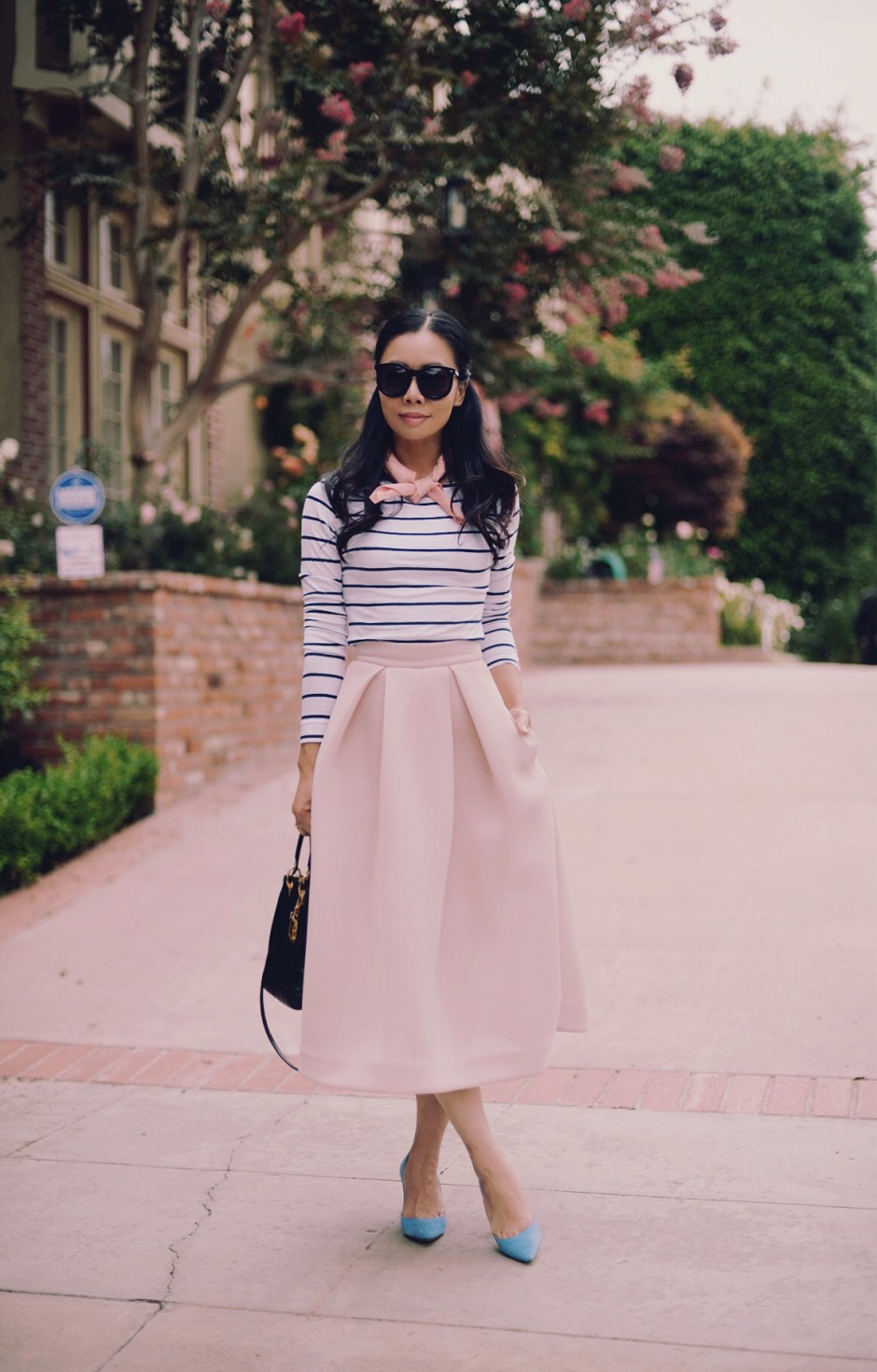 Put-A-Scarf-On, Striped Top & Blush Full Skirt, via: HallieDaily