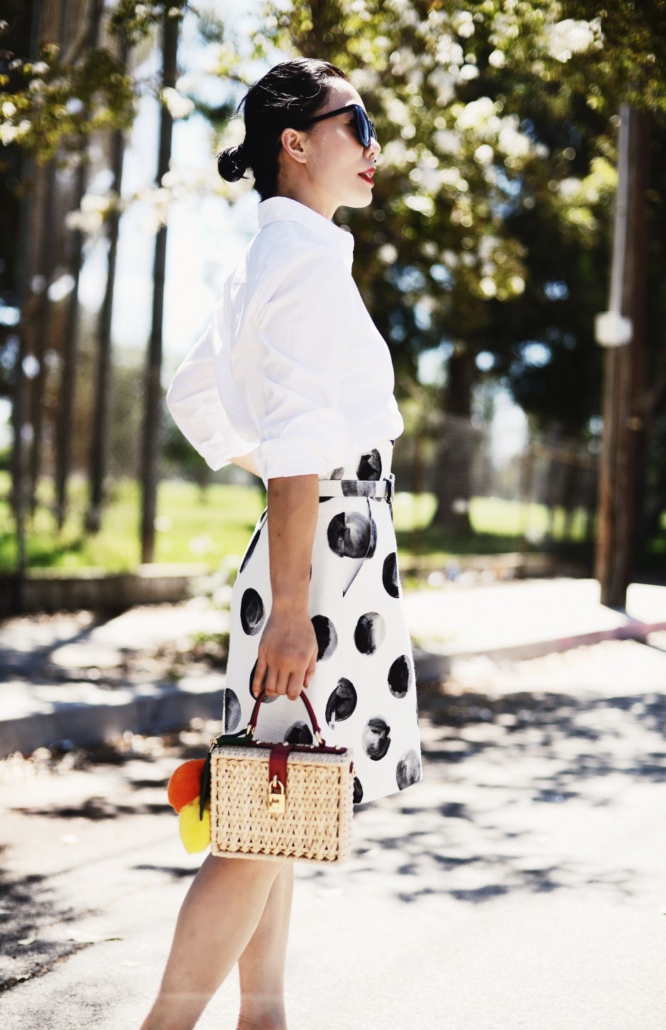 Polka Dot Love, High Waist Skirt & White Button Down Shirt, Via: HallieDaily