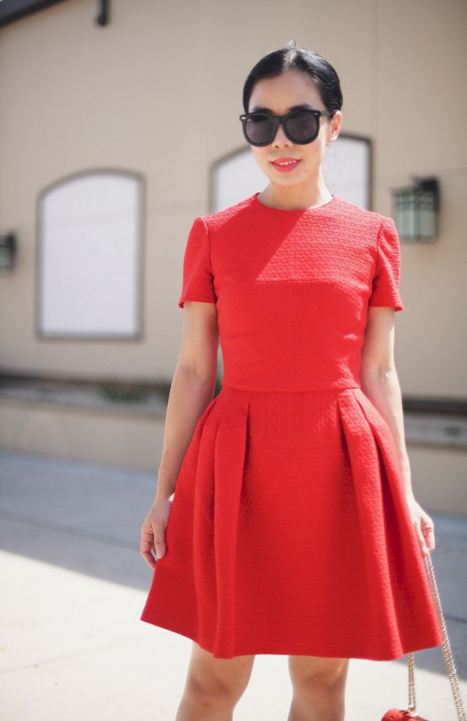 Red, Alexander McQueen Dress, Valentino Rockstud Shoes, via: HallieDaily