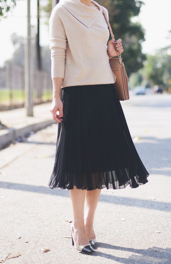 Cashmere Sweater, Pleated Skirt & Chloe Faye | Hallie Daily