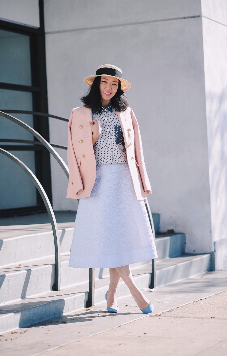 Pastel Outfit, J.Crew Collection Blazer, Blue A-Line Skirt, Via: HallieDaily