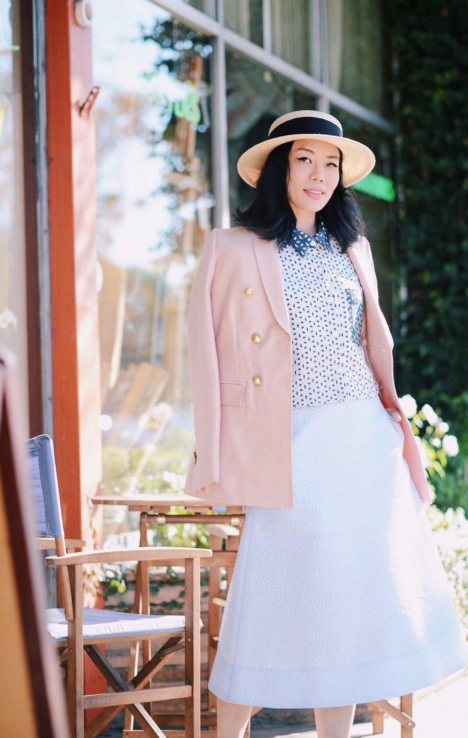 Pastel Outfit, J.Crew Collection Blazer, Blue A-Line Skirt, Via: HallieDaily