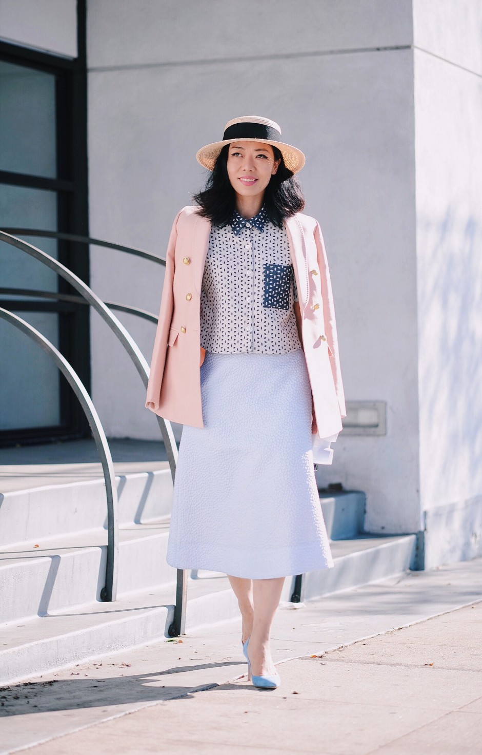 Pastel Outfit, J.Crew Collection Blazer, Blue A-Line Skirt, Via: HallieDaily