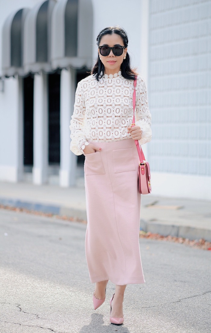 Feminine Pink, Self Portrait Lace Top, Pink Long Skirt, Saint Laurent Paris, via: HallieDaily