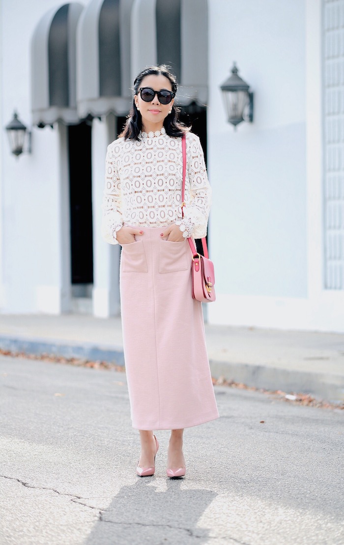 Feminine Pink, Self Portrait Lace Top, Pink Long Skirt, Saint Laurent Paris, via: HallieDaily