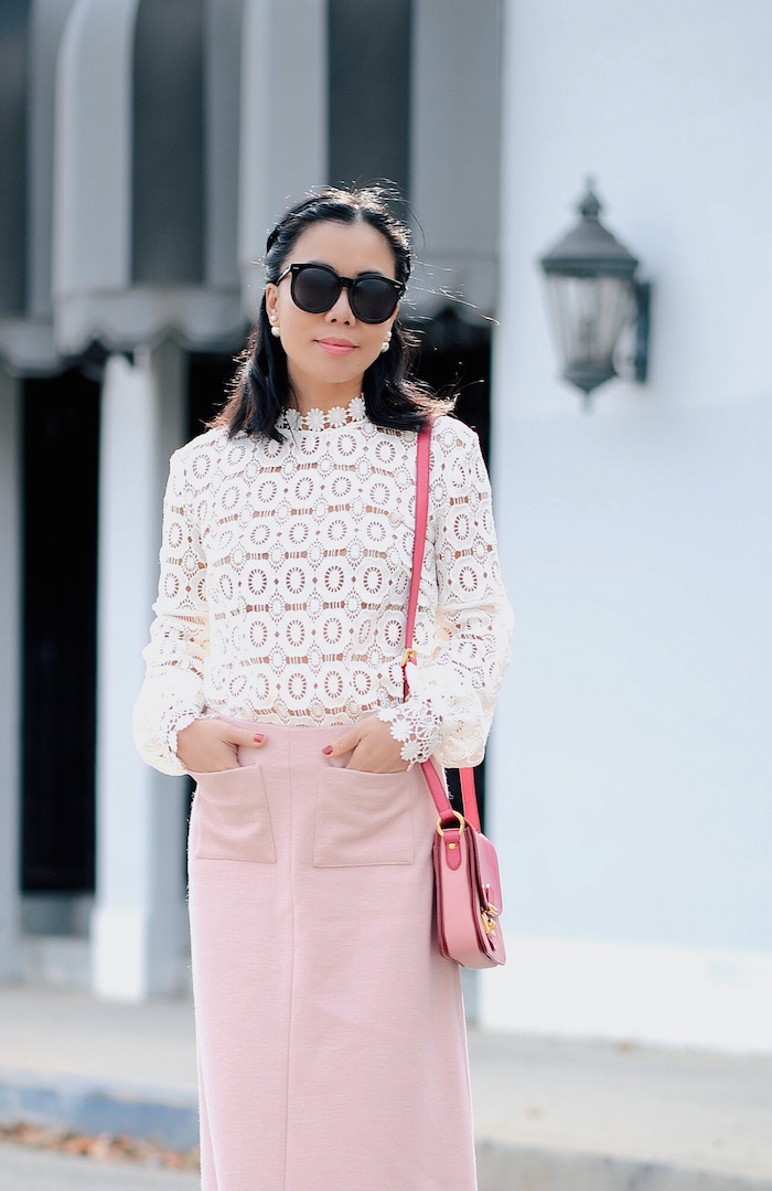 Feminine Pink, Self Portrait Lace Top, Pink Long Skirt, Saint Laurent Paris, via: HallieDaily