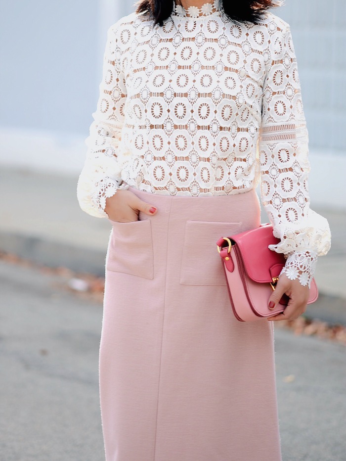 Feminine Pink, Self Portrait Lace Top, Pink Long Skirt, Saint Laurent Paris, via: HallieDaily