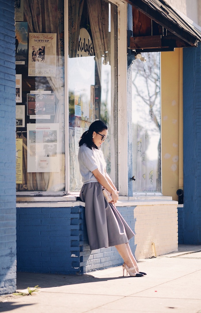 Monday Blue: Miu Miu Sweater, PREEN BY THORNTON BREGAZZI STRETCH-CREPE SKIRT, via: HallieDaily