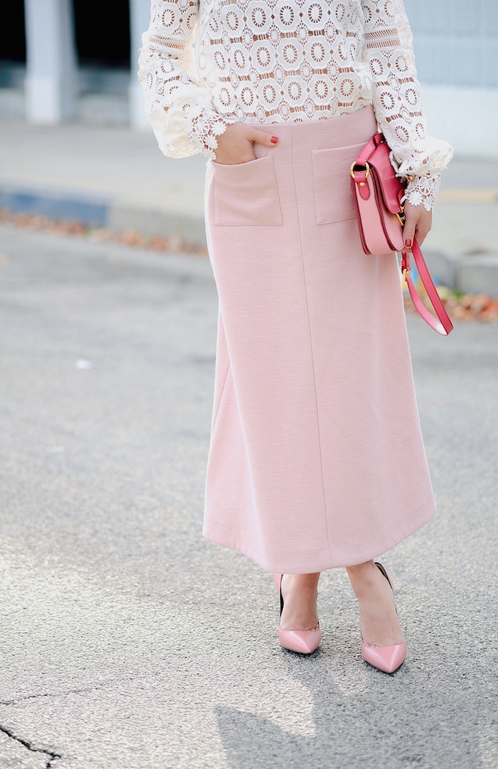 Feminine Pink, Self Portrait Lace Top, Pink Long Skirt, Saint Laurent Paris, via: HallieDaily