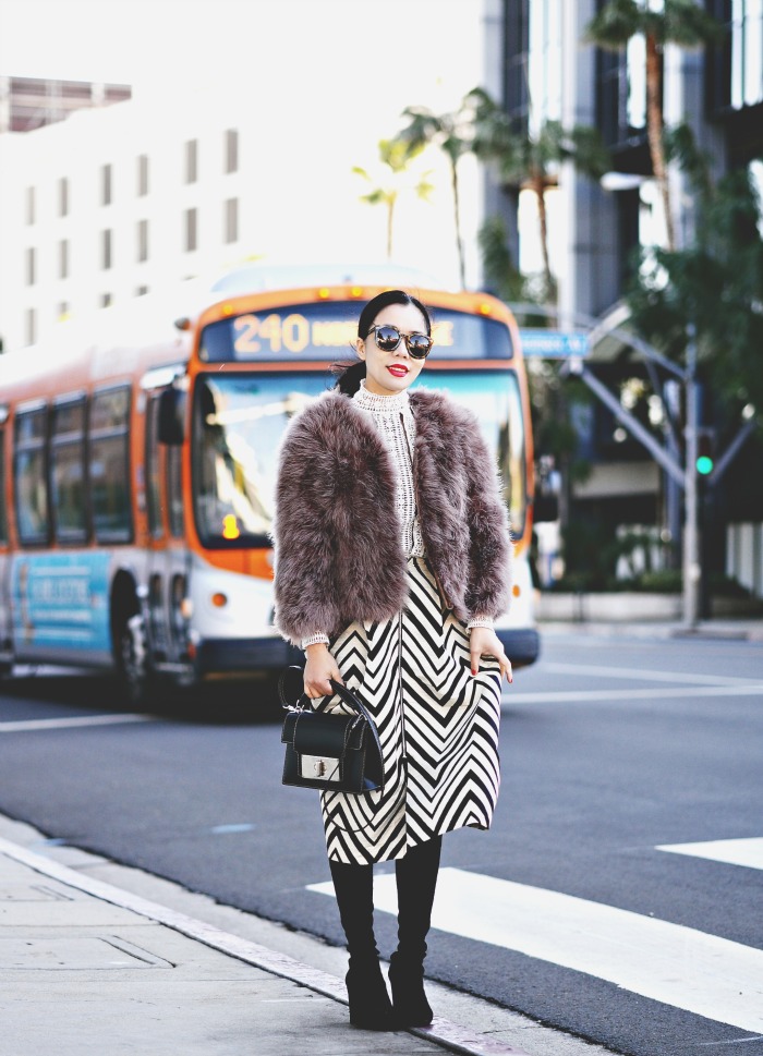 Feather Jacket and Zigzag Midi Skirt, OTK Boots, Marc Jacobs Bag, via: HallieDaily