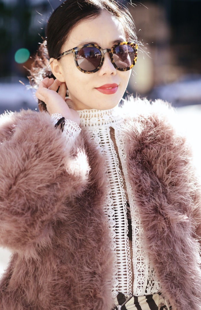 Feather Jacket and Zigzag Midi Skirt, OTK Boots, Marc Jacobs Bag, via: HallieDaily