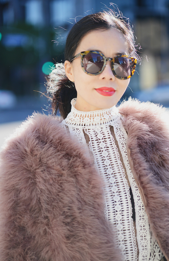 Feather Jacket and Zigzag Midi Skirt, OTK Boots, Marc Jacobs Bag, via: HallieDaily