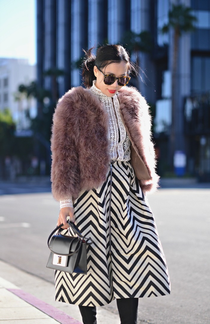 Feather Jacket and Zigzag Midi Skirt, OTK Boots, Marc Jacobs Bag, via: HallieDaily