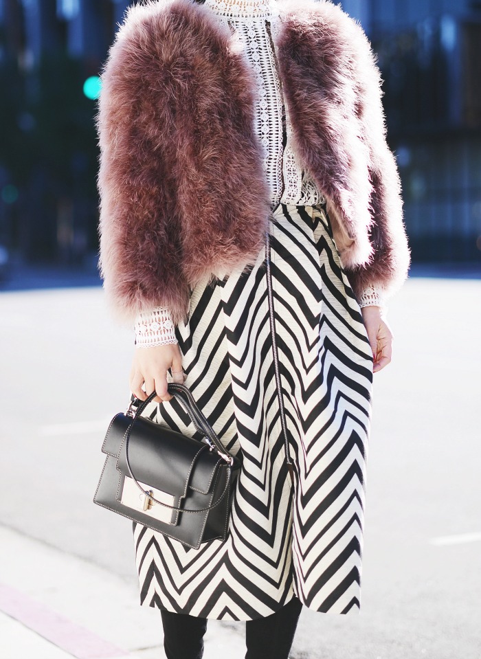 Feather Jacket and Zigzag Midi Skirt, OTK Boots, Marc Jacobs Bag, via: HallieDaily