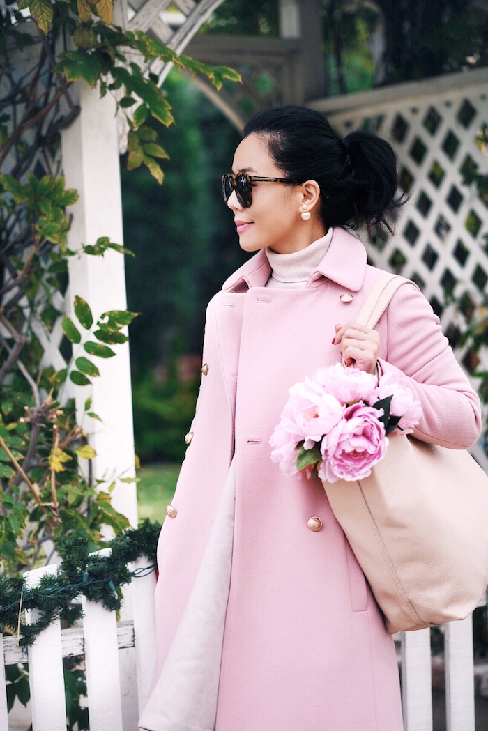 Pink on Pink, Pink Coat, Pink Boots, Pink Tote, via: HallieDaily