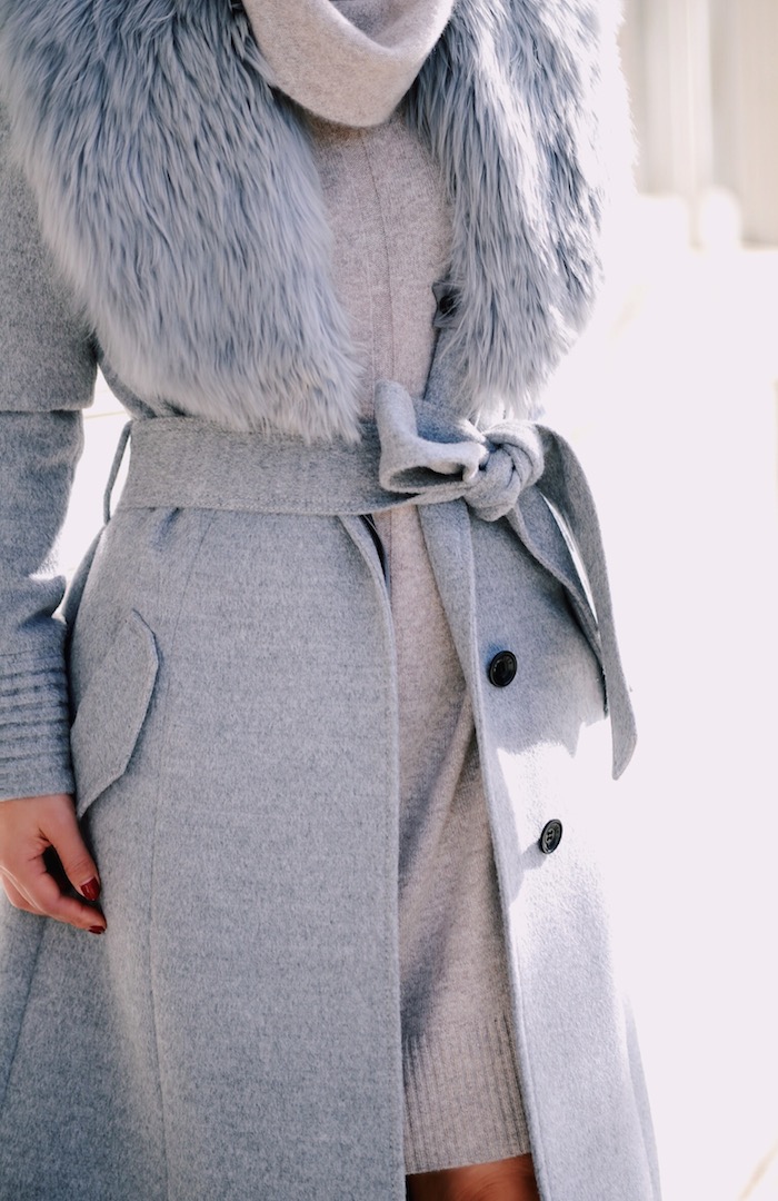 Gray Maxi Coat, Cashmere Knit Dress, Saint Laurent Paris Pumps, Floral Earrings, via: HallieDaily