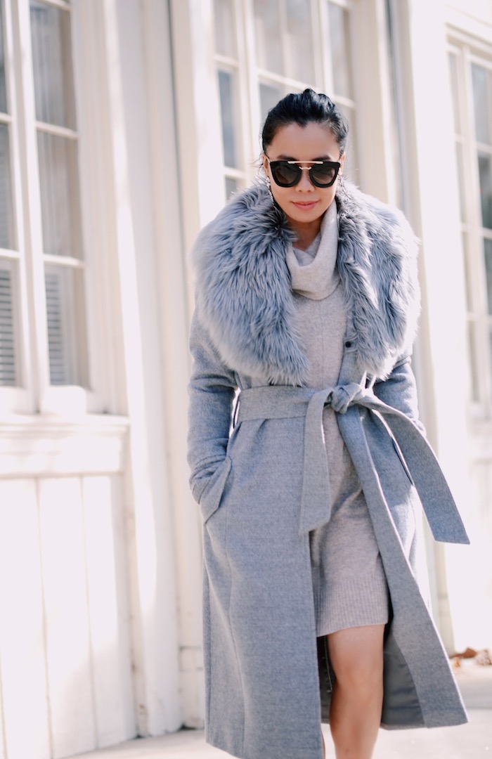 Gray Maxi Coat, Cashmere Knit Dress, Saint Laurent Paris Pumps, Floral Earrings, via: HallieDaily