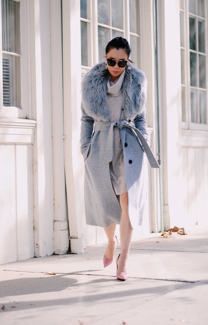 Gray Maxi Coat, Cashmere Knit Dress, Saint Laurent Paris Pumps, Floral Earrings, via: HallieDaily