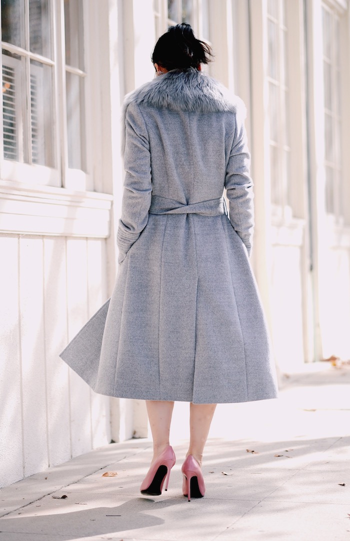 Gray Maxi Coat, Cashmere Knit Dress, Saint Laurent Paris Pumps, Floral Earrings, via: HallieDaily