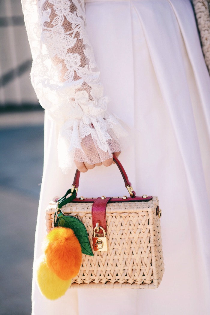 Winter White: Alexis Lace Top, Raoul Pleated Skirt, HM Coat, Dolce & Gabbana Box Bag, via: HallieDaily