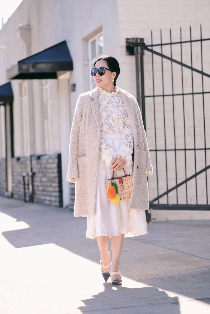 Winter White: Alexis Lace Top, Raoul Pleated Skirt, HM Coat, Dolce & Gabbana Box Bag, via: HallieDaily