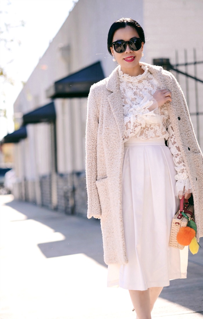 Winter White: Alexis Lace Top, Raoul Pleated Skirt, HM Coat, Dolce & Gabbana Box Bag, via: HallieDaily