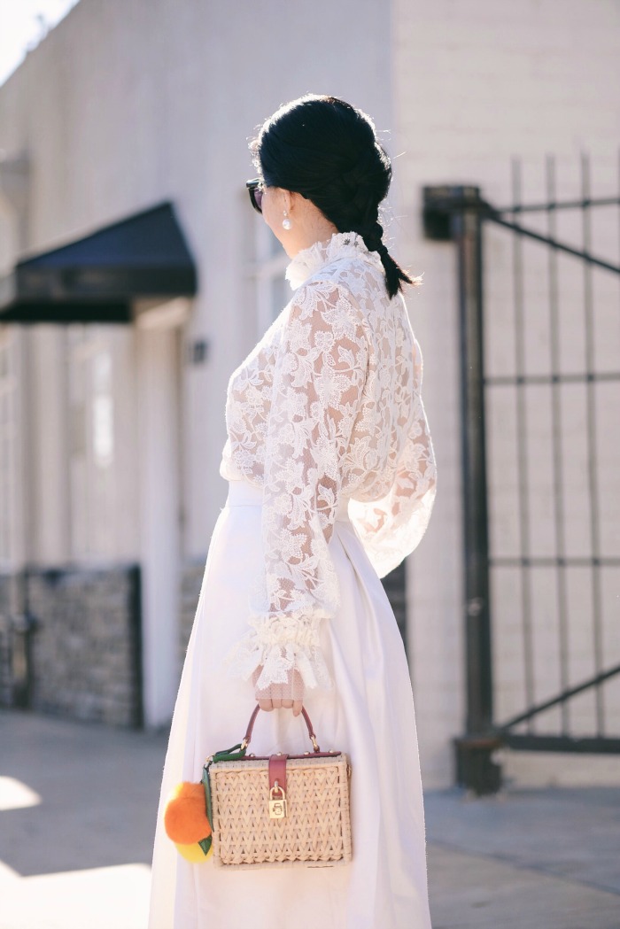 Winter White: Alexis Lace Top, Raoul Pleated Skirt, HM Coat, Dolce & Gabbana Box Bag, via: HallieDaily