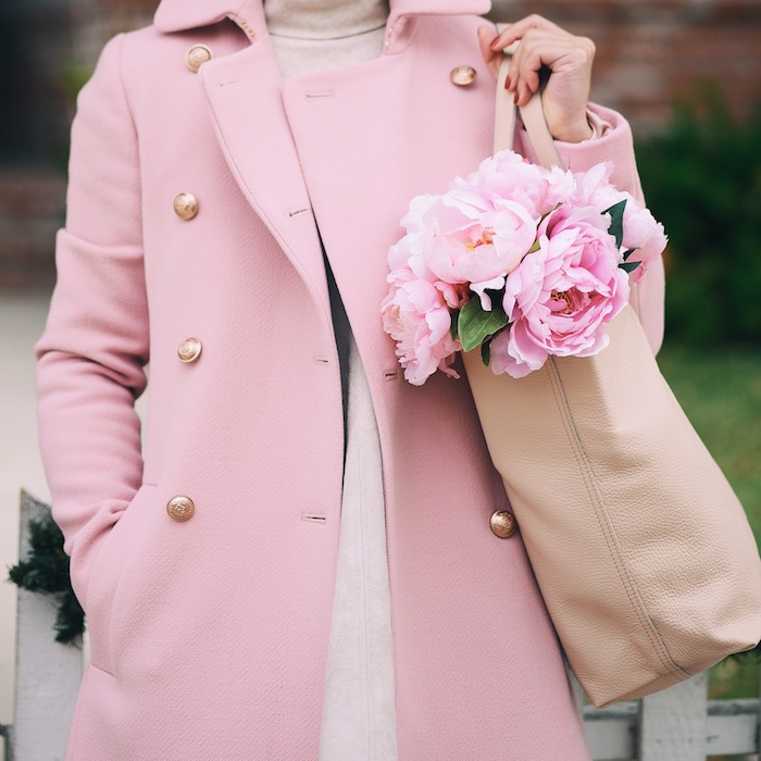 Pink on Pink, Pink Coat, Pink Boots, Pink Tote, via: HallieDaily