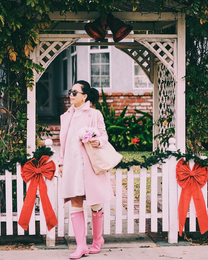 Pink on Pink, Pink Coat, Pink Boots, Pink Tote, via: HallieDaily