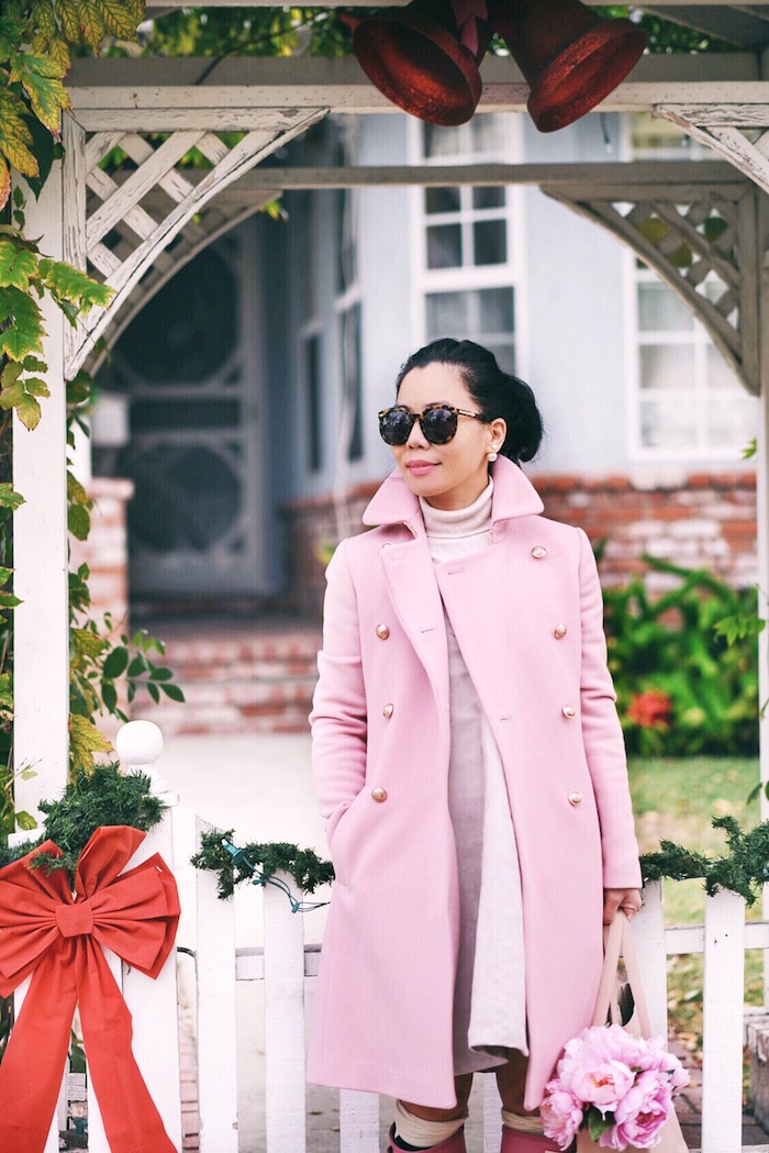 Pink on Pink, Pink Coat, Pink Boots, Pink Tote, via: HallieDaily