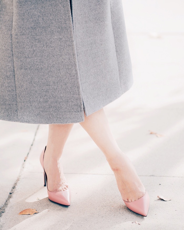 Gray Maxi Coat, Cashmere Knit Dress, Saint Laurent Paris Pumps, Floral Earrings, via: HallieDaily