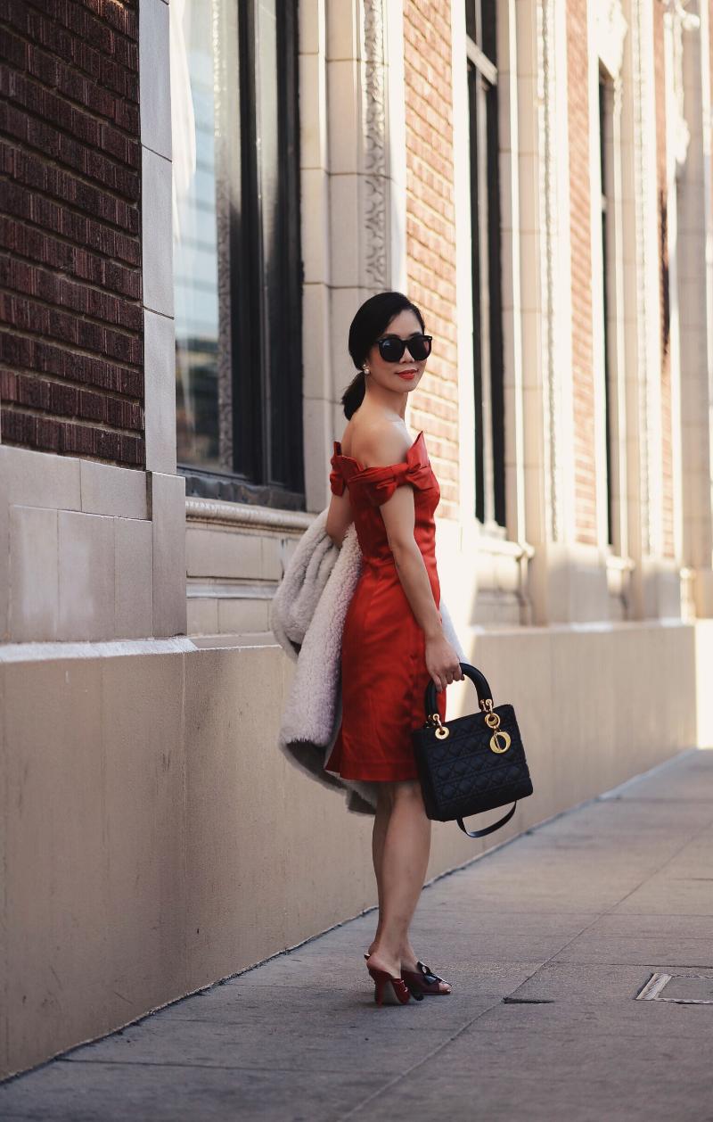 Holiday Dressing in Red Dress with Bow , Shearling Coat, via: HallieDaily