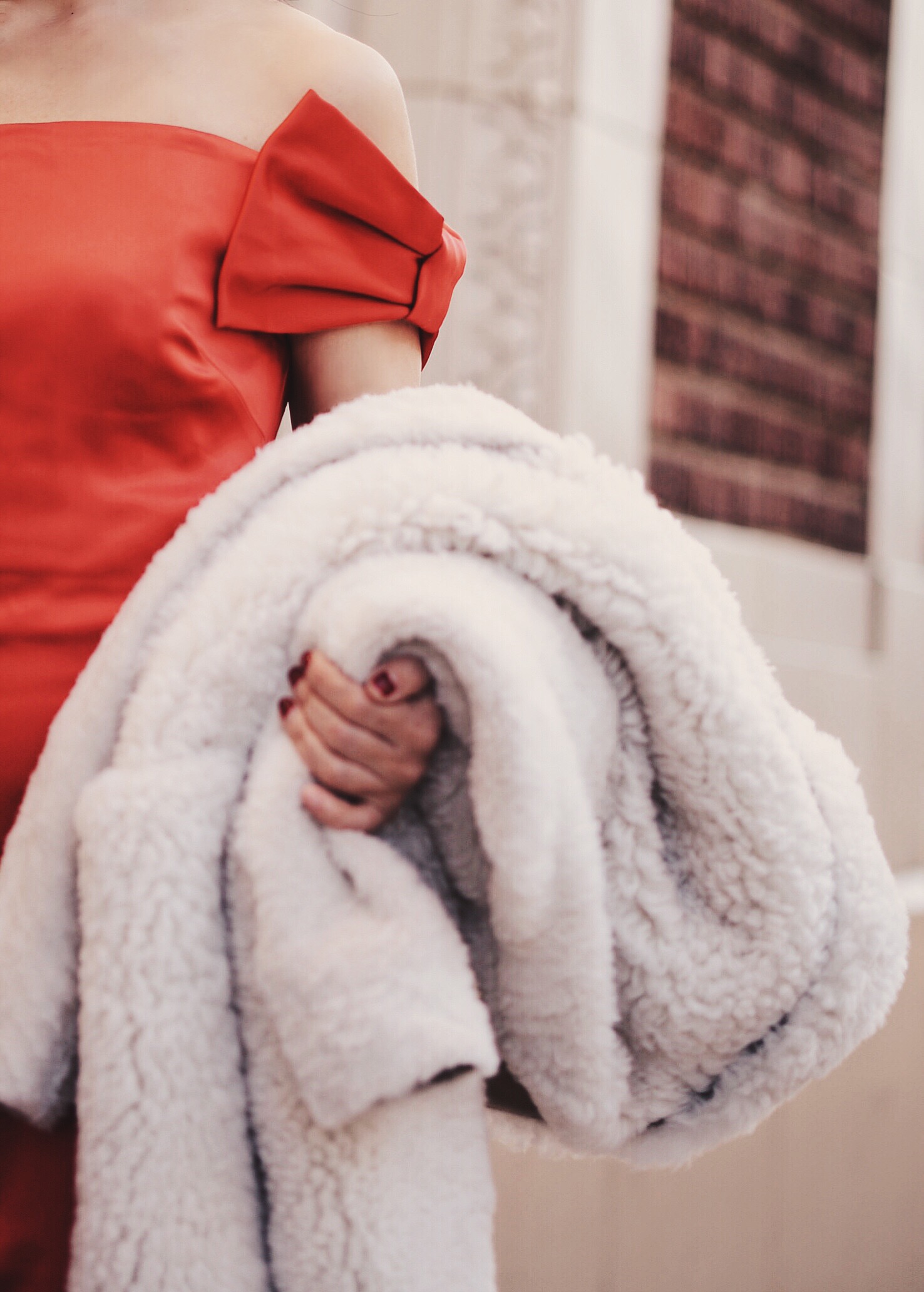 Holiday Dressing in Red Dress with Bow , Shearling Coat, via: HallieDaily