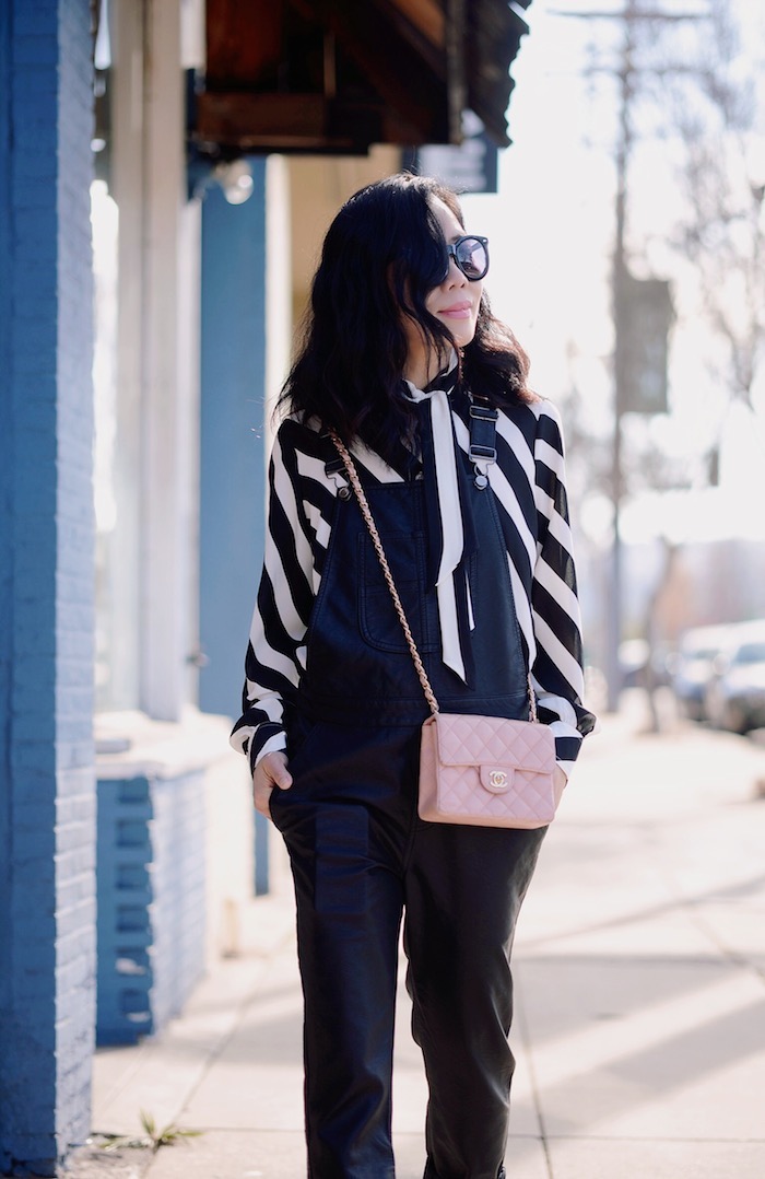 Tie Bow Shirt, Leather Look Overalls, Loafers, Mini Pink Chanel, Via: HallieDaily