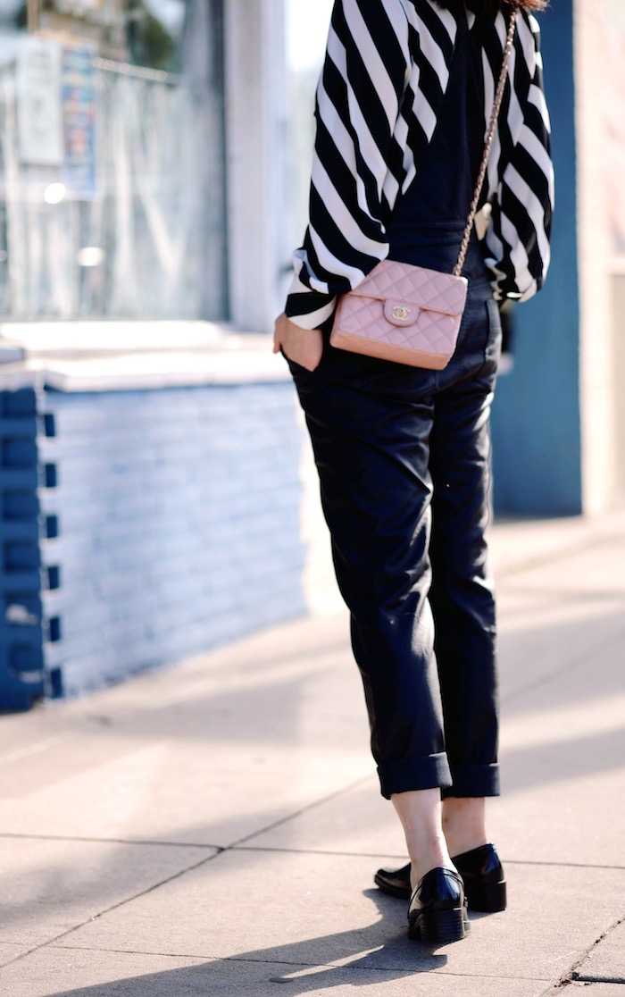 Tie Bow Shirt, Leather Look Overalls, Loafers, Mini Pink Chanel, Via: HallieDaily