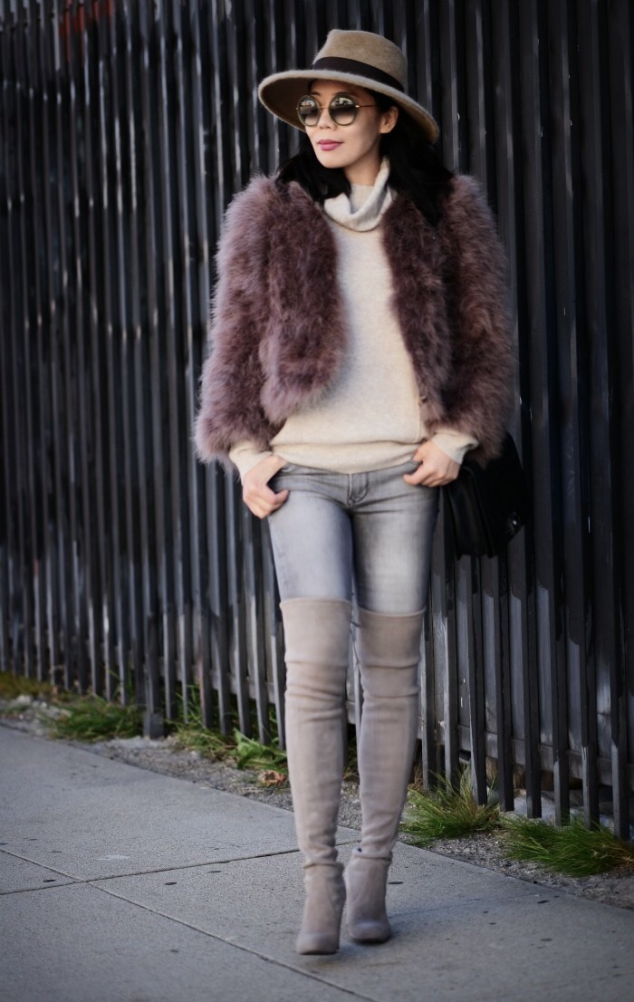 Feather Jacket, OTK Boots, Wool Hat, via: HallieDaily