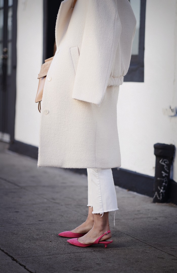 Pop of Pink, Chunky Knit, White Coat, White Jeans, Chloe Faye Bag, Pink Kitten Shoes, via: HallieDaily