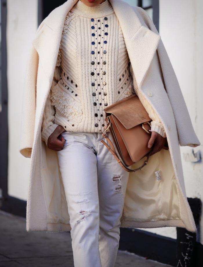 Pop of Pink, Chunky Knit, White Coat, White Jeans, Chloe Faye Bag, Pink Kitten Shoes, via: HallieDaily