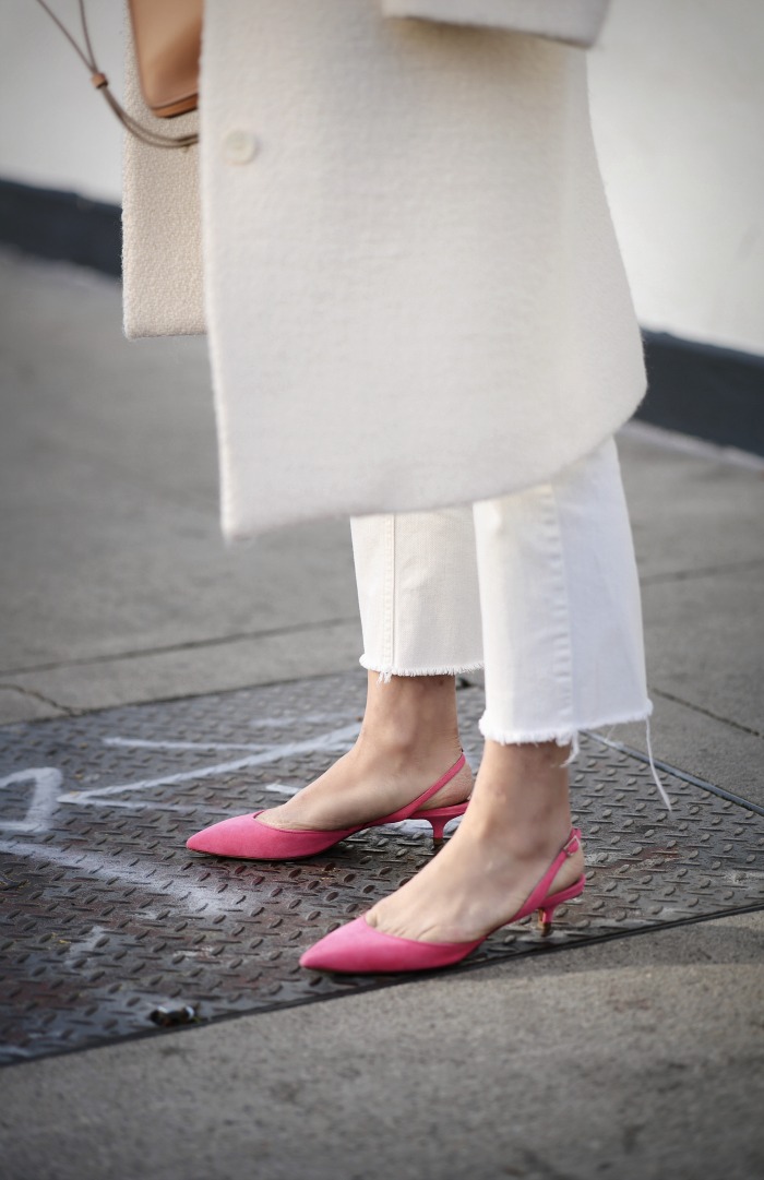 Pop of Pink, Chunky Knit, White Coat, White Jeans, Chloe Faye Bag, Pink Kitten Shoes, via: HallieDaily