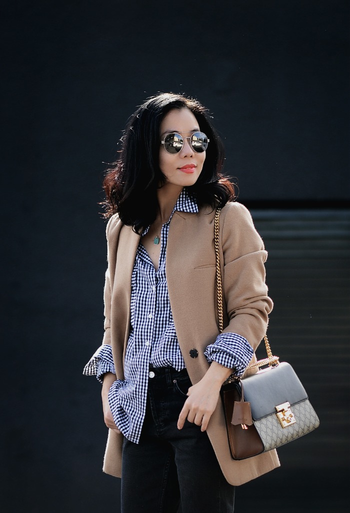 Camel Coat, Plaid Shirt, Black Jeans, Gucci Bag, via: HallieDaily