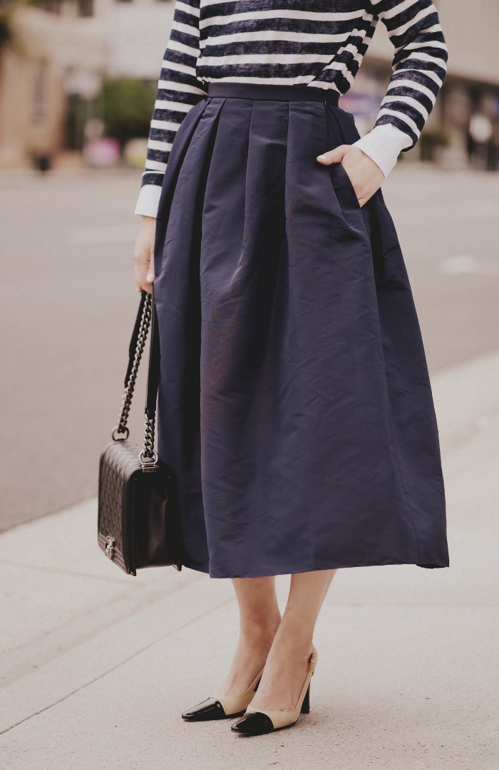 Tibi Full Skirt, Striped Tee, Spring Layers, via: HallieDaily