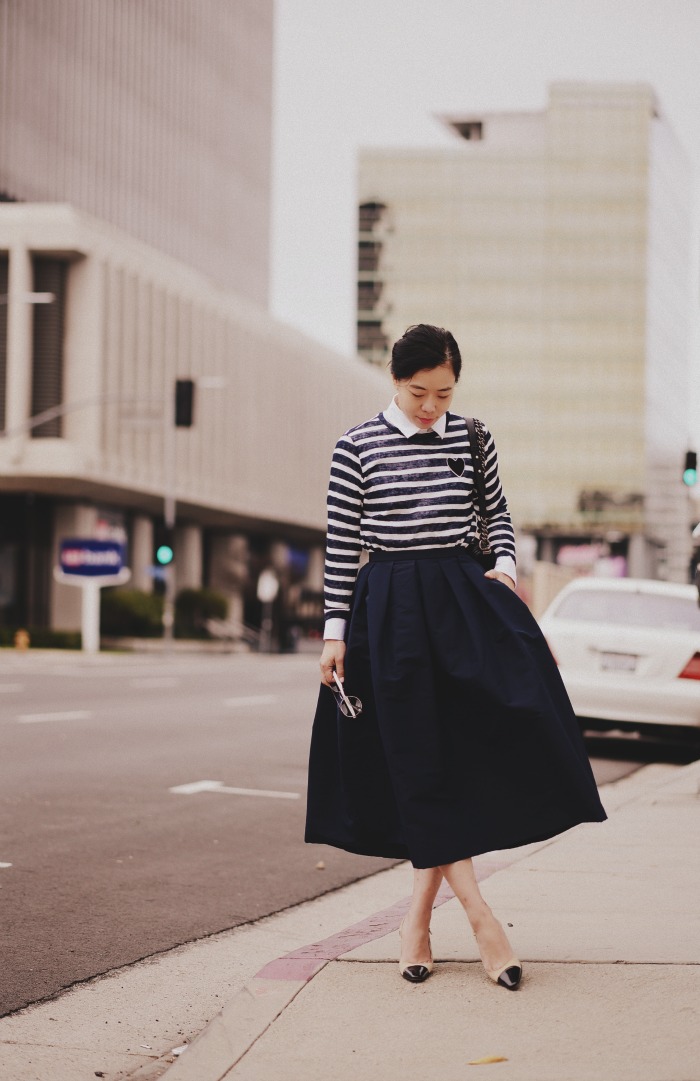 Tibi Full Skirt, Striped Tee, Spring Layers, via: HallieDaily