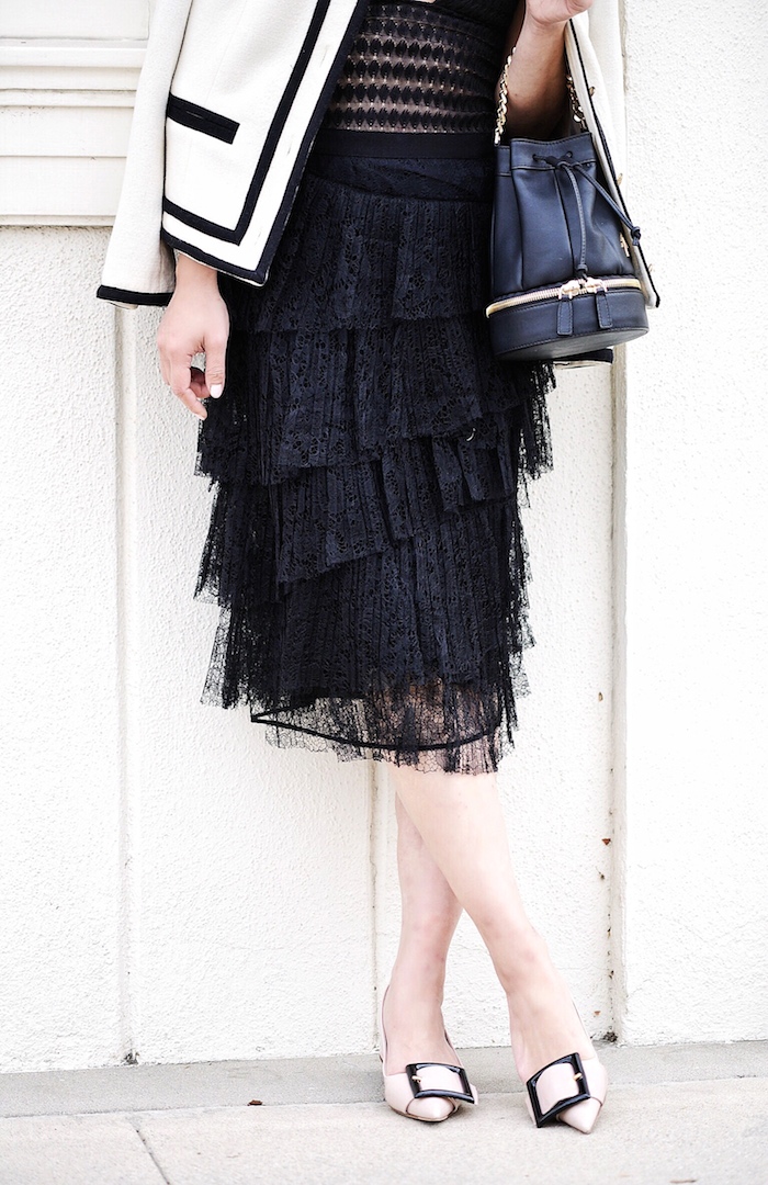 Black & White: Bucket Bag, Burberry London Lace Pencil Skirt, Lace Bodysuit, Miu Miu Flats, via: HallieDaily