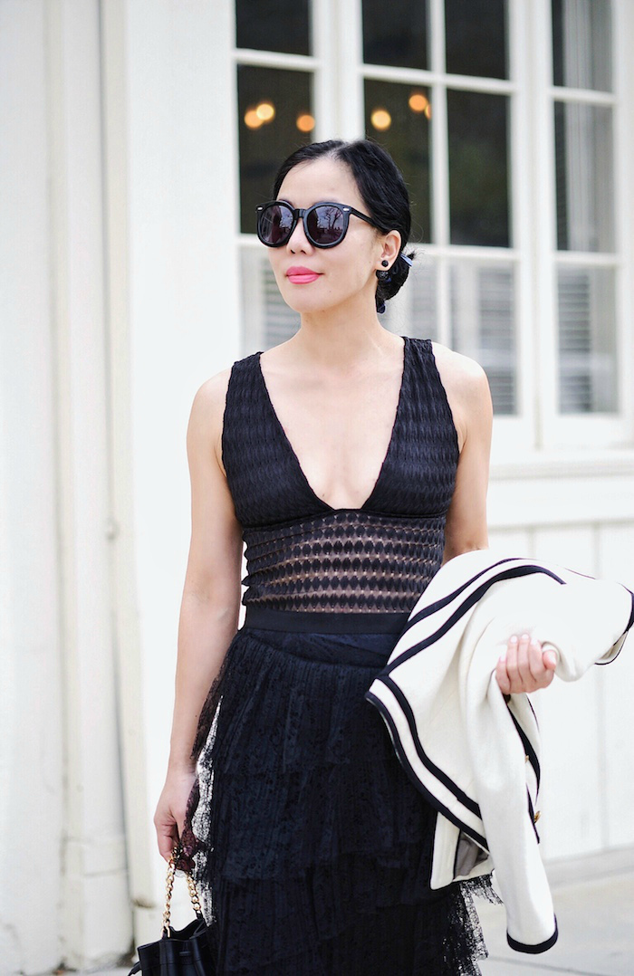 Black & White: Bucket Bag, Burberry London Lace Pencil Skirt, Lace Bodysuit, Miu Miu Flats, via: HallieDaily